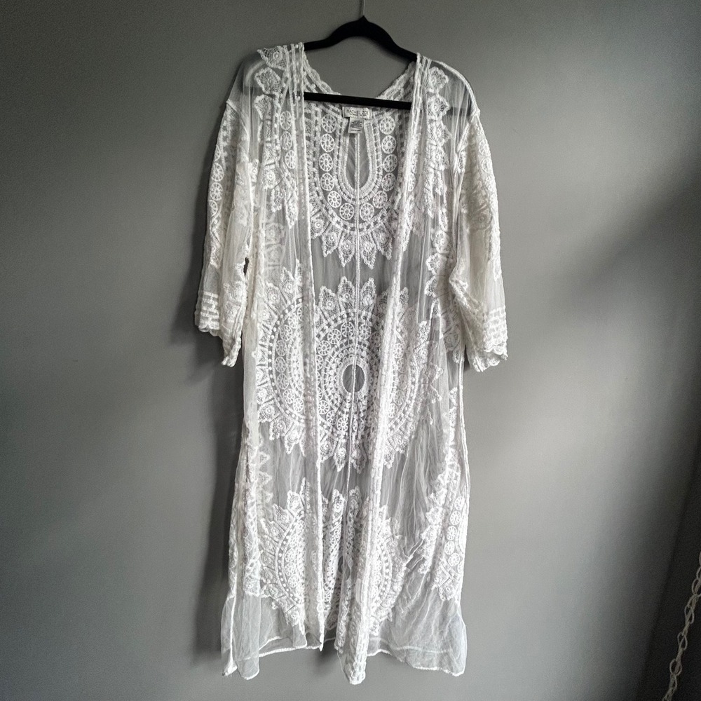Rachel‎ Zoe White Lace Mesh Embroidered Kimono Duster One Size Boho Cover Up